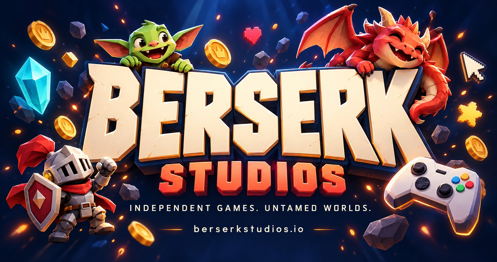 Berserk Studios brand artwork: a playful goblin and dragon surround the studio logo, with a knight, controller and colorful game elements.