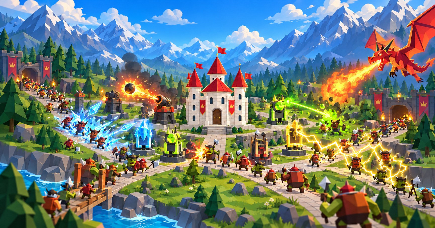 The Palace surrounded by magical towers, charging raiders, icy blasts and dragonfire.